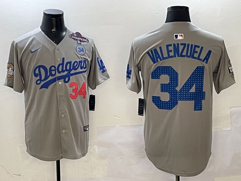 Men Los Angeles Dodgers #34 Valenzuela Grey Blue Fashion Game 2025 Nike MLB Jersey style 3262->los angeles dodgers->MLB Jersey